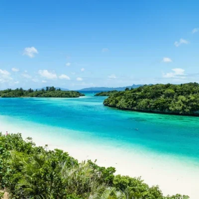 Plage tropicale au Japon à Okinawa avec eau turquoise et végétation en été