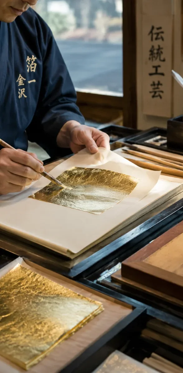 Artisan japonais travaillant la feuille d’or dans un atelier traditionnel de Kanazawa à Ishikawa au Japon, symbole du savoir-faire artisanal local. Atelier traditionnel de feuille d’or à Kanazawa dans la préfecture d’Ishikawa