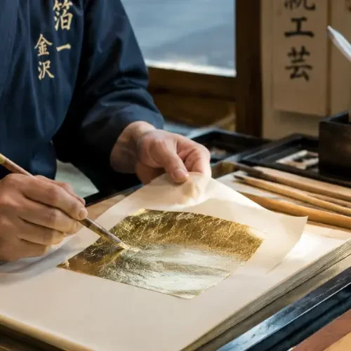 Artisan japonais travaillant une feuille d'or selon les techniques traditionnelles de Kanazawa