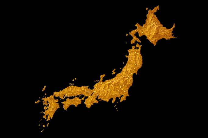 Carte dorée du Japon sur fond noir illustrant un itinéraire de voyage sur mesure proposé par J’Go Japon.