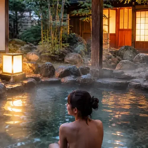 Femme détendue dans un onsen traditionnel japonais, entourée de bambous et de lanternes en papier, au cœur d'un paysage naturel apaisant.