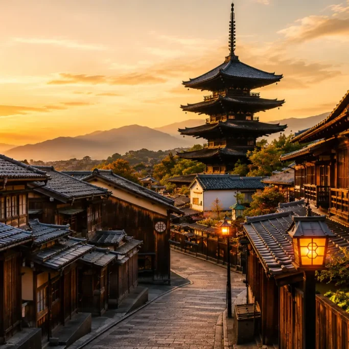 Rue traditionnelle de Kyoto au coucher du soleil avec pagode japonaise et maisons en bois historiques