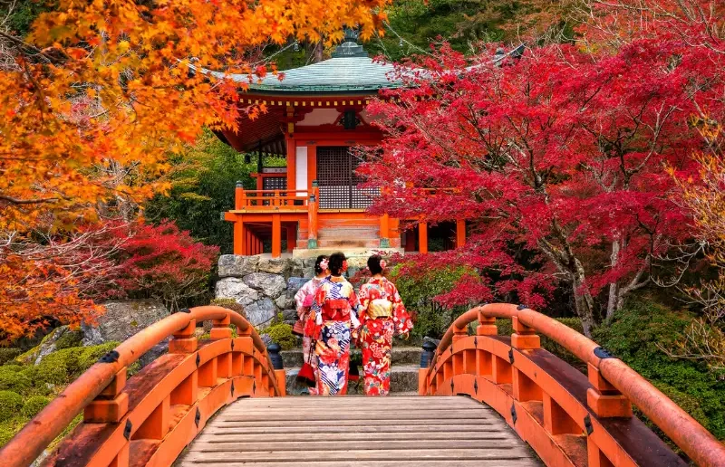 Voyage Japon 15 jours – Itinéraire Botan | J'Go Japon Deux femmes en kimono devant un pavillon japonais, entourées d'arbres aux feuilles rouges.