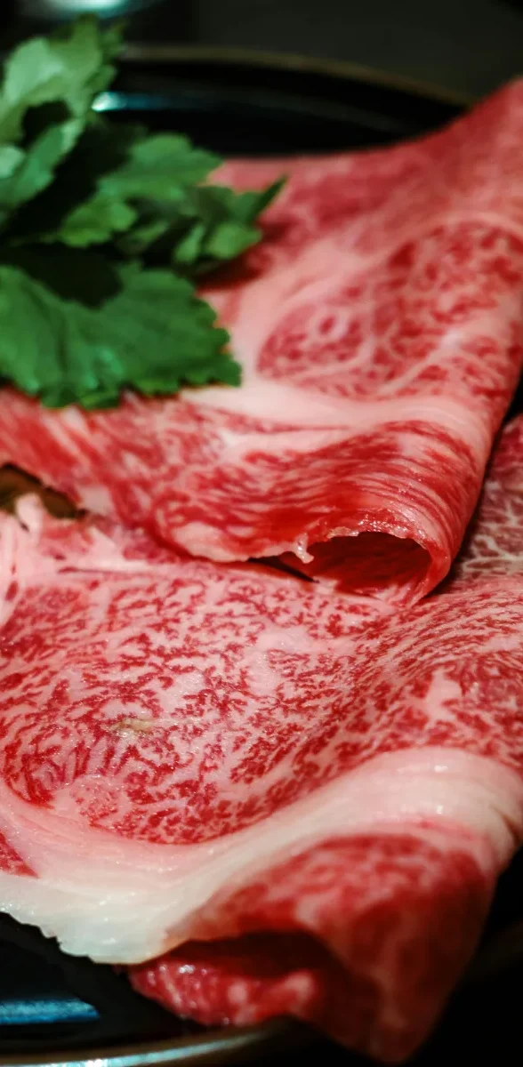 Fines tranches de bœuf de Kobe japonais au persillage intense, spécialité gastronomique emblématique de la préfecture de Hyogo.