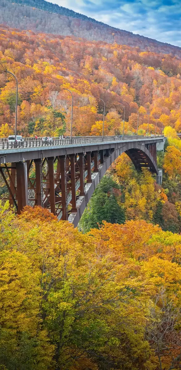 Pont traversant une vallée montagneuse entourée de forêts aux couleurs automnales dans la préfecture d’Aomori, au nord du Japon. 