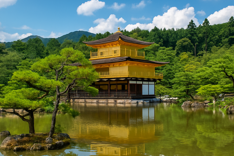 Voyage spirituel au Japon entre temples et traditions | J’Go Japon Pavillon d’or Kinkaku-ji à Kyoto entouré de nature et reflété dans un étang au Japon