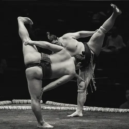 Deux lutteurs de sumo s'affrontant lors d'un combat dans une arène japonaise