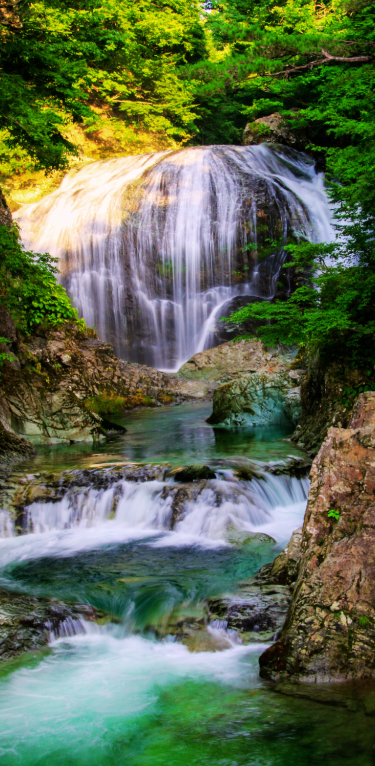 Cascade à Yamagata avec eau claire et végétation luxuriante au Japon
