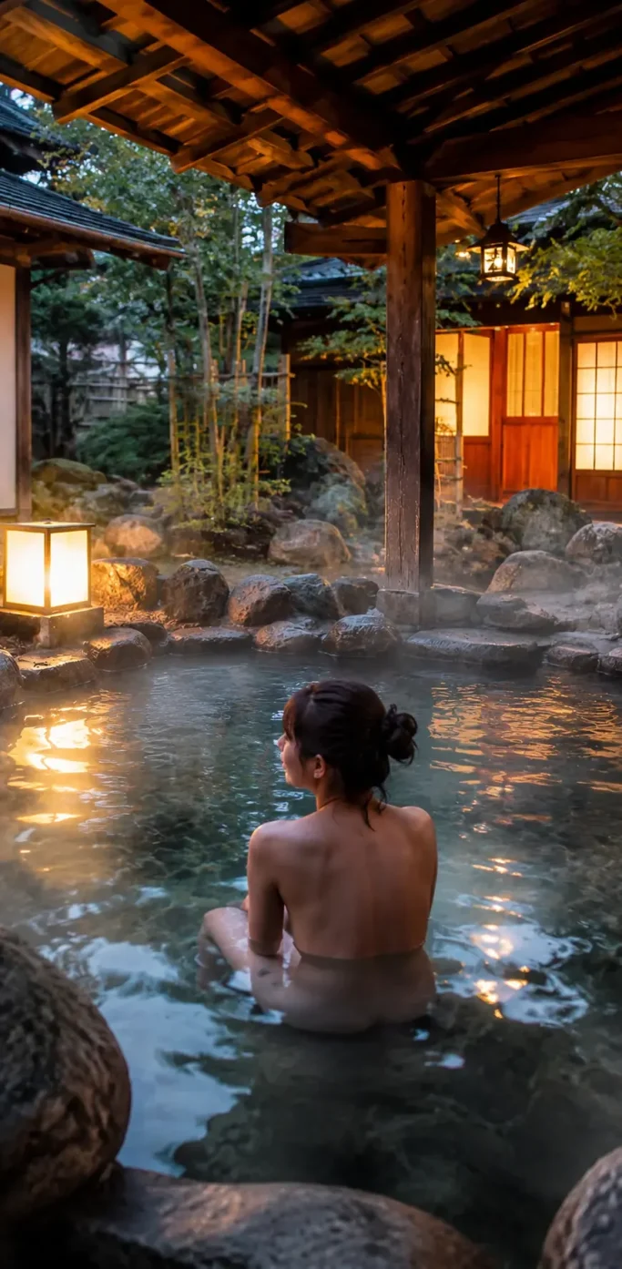 Femme profitant d’un onsen extérieur à Hakone entouré de nature au Japon
