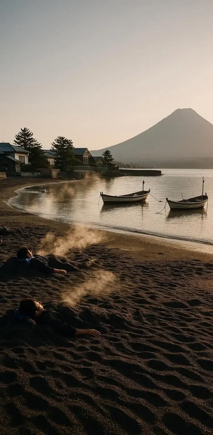 Personnes profitant d’un bain de sable chaud sur une plage à Ibusuki avec vue sur un volcan à Kagoshima