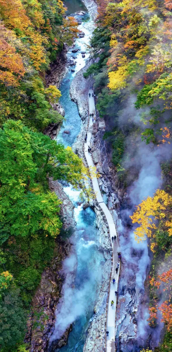 Vallée avec rivière turquoise et vapeur géothermique à Niigata au Japon