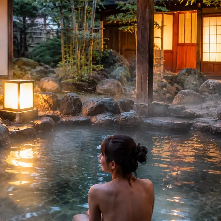 Voyageuse profitant d'un onsen traditionnel en plein air au cœur d'un jardin japonais