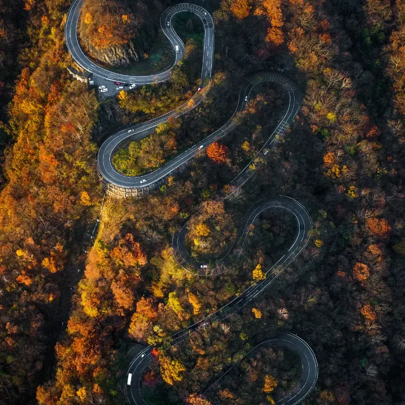 Immersion dans la culture automobile japonaise – Entre passion et routes légendaires Route de montagne sinueuse au Japon entourée de forêts en automne vue aérienne