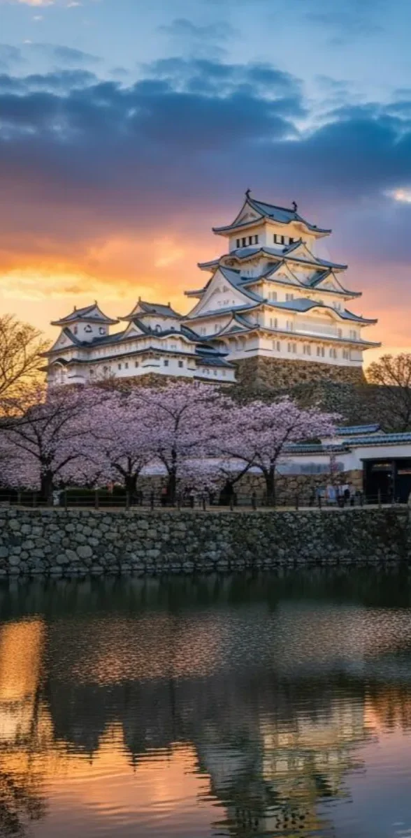 Château de Himeji entouré de cerisiers en fleurs avec reflet dans l’eau au Japon