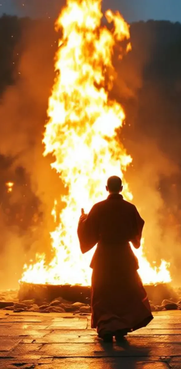 Moine réalisant un rituel du feu au temple Naritasan à Chiba au Japon
