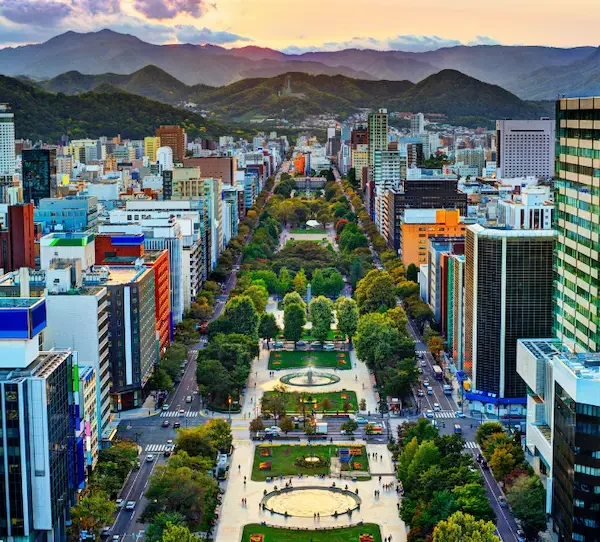 Vue panoramique sur le centre de Sapporo et le parc Ōdōri entouré d’immeubles.